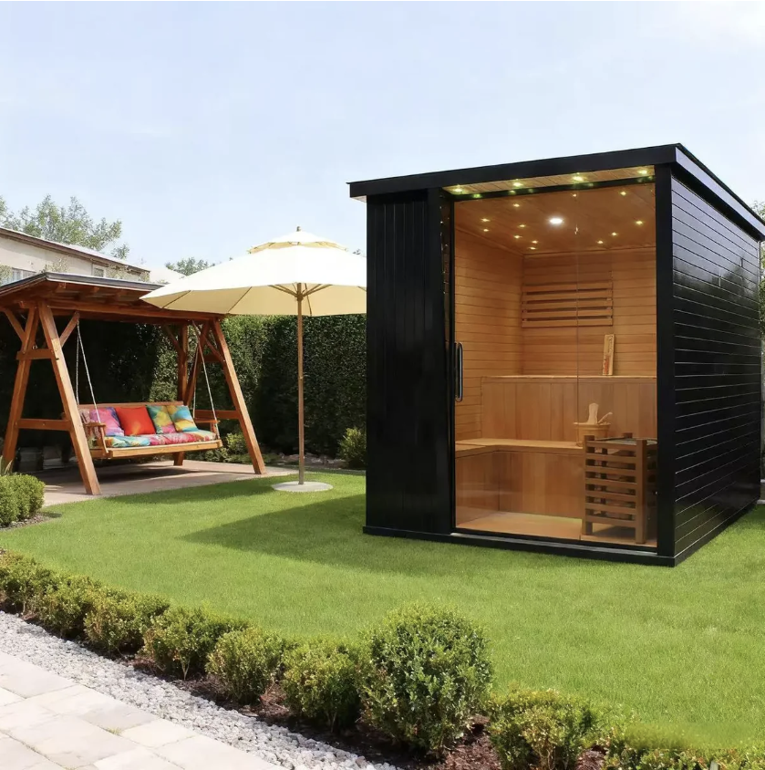 Max Heater Health Outdoor Steam Sauna – Black Square Style, Canadian Hemlock Crafted-9